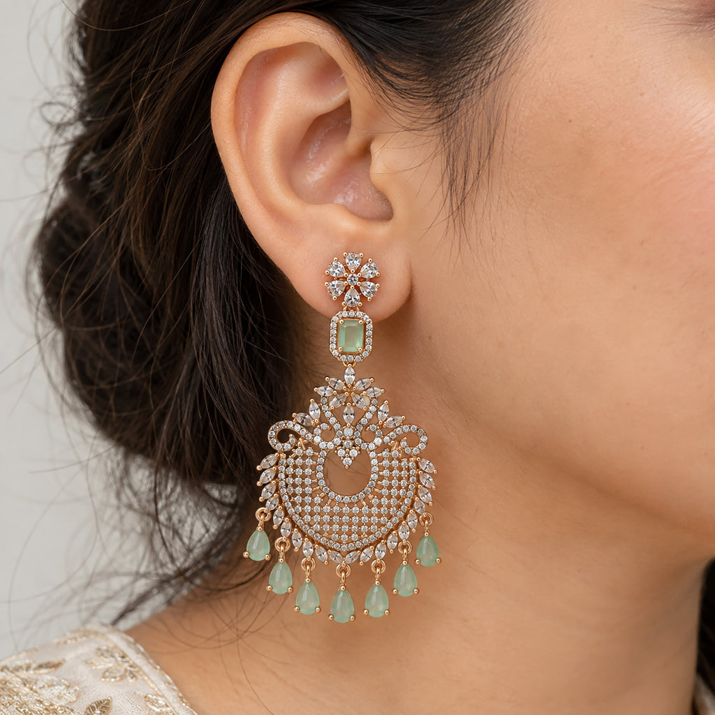 Rose Gold Plated Kundan Chandbali Earrings with Mint Green Stone Drops & Sparkling White Crystals for Women, Wedding and Festive Wear BIE1074_A