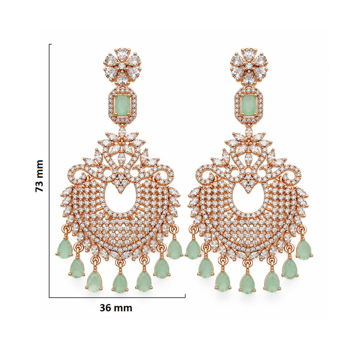 Rose Gold Plated Kundan Chandbali Earrings with Mint Green Stone Drops & Sparkling White Crystals for Women, Wedding and Festive Wear BIE1074_A