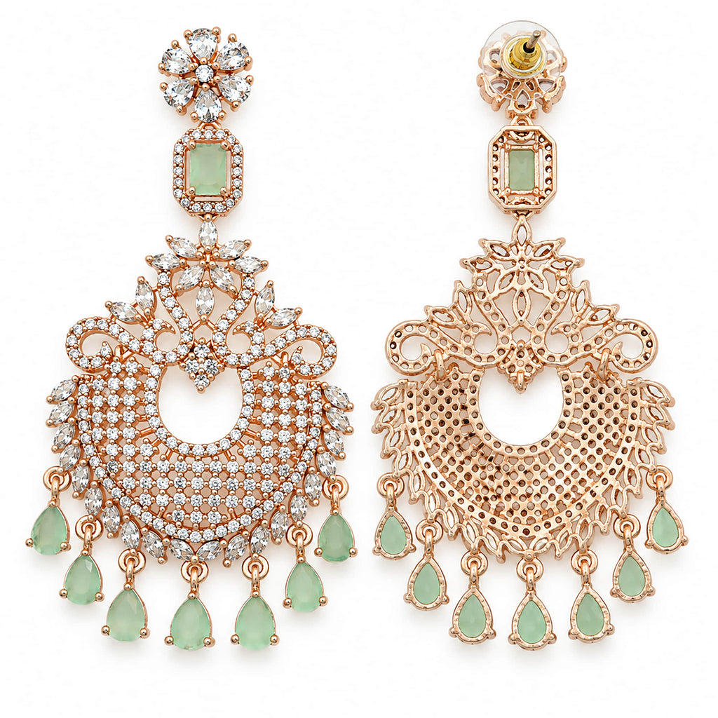 Rose Gold Plated Kundan Chandbali Earrings with Mint Green Stone Drops & Sparkling White Crystals for Women, Wedding and Festive Wear BIE1074_A