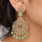 Rose Gold Plated Kundan Chandbali Earrings with Mint Green Stone Drops & Sparkling White Crystals for Women, Wedding and Festive Wear BIE1074_A