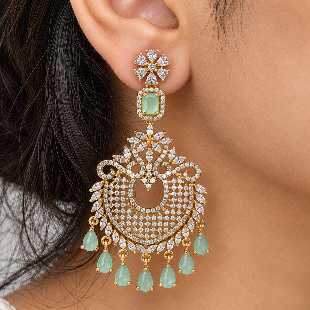 Rose Gold Plated Kundan Chandbali Earrings with Mint Green Stone Drops & Sparkling White Crystals for Women, Wedding and Festive Wear BIE1074_A