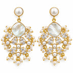 Gold Plated Pearl Drop Earrings with Mother of Pearl, White Crystal Stones & Pearl Bead Detailing for Women, Wedding & Festive Wear BIE1075