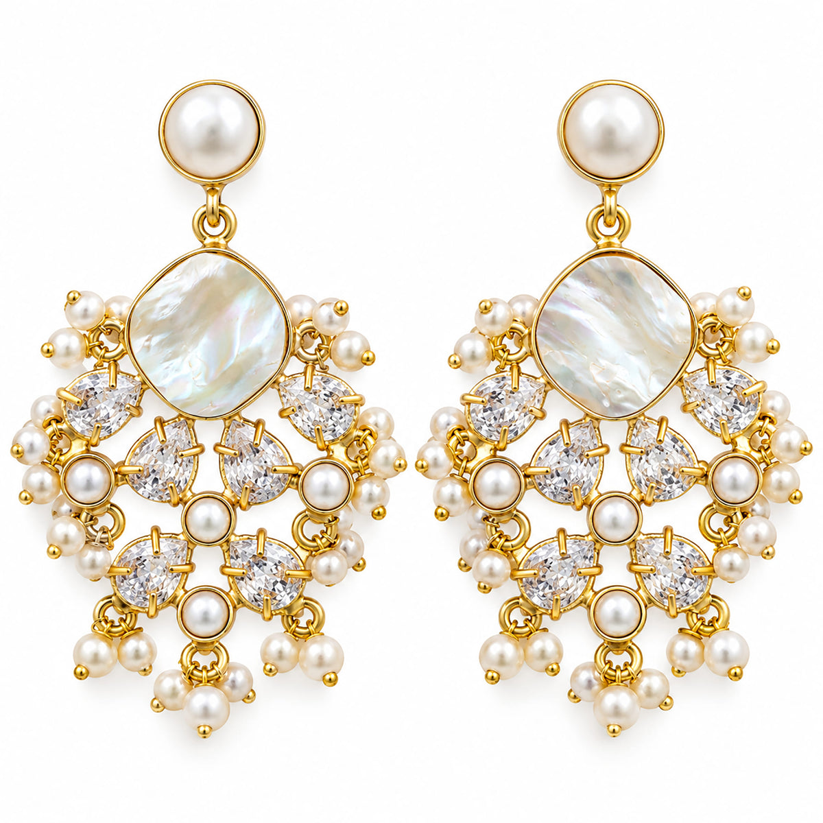 Gold Plated Pearl Drop Earrings with Mother of Pearl, White Crystal Stones & Pearl Bead Detailing for Women, Wedding & Festive Wear BIE1075