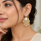 Gold Plated Pearl Drop Earrings with Mother of Pearl, White Crystal Stones & Pearl Bead Detailing for Women, Wedding & Festive Wear BIE1075