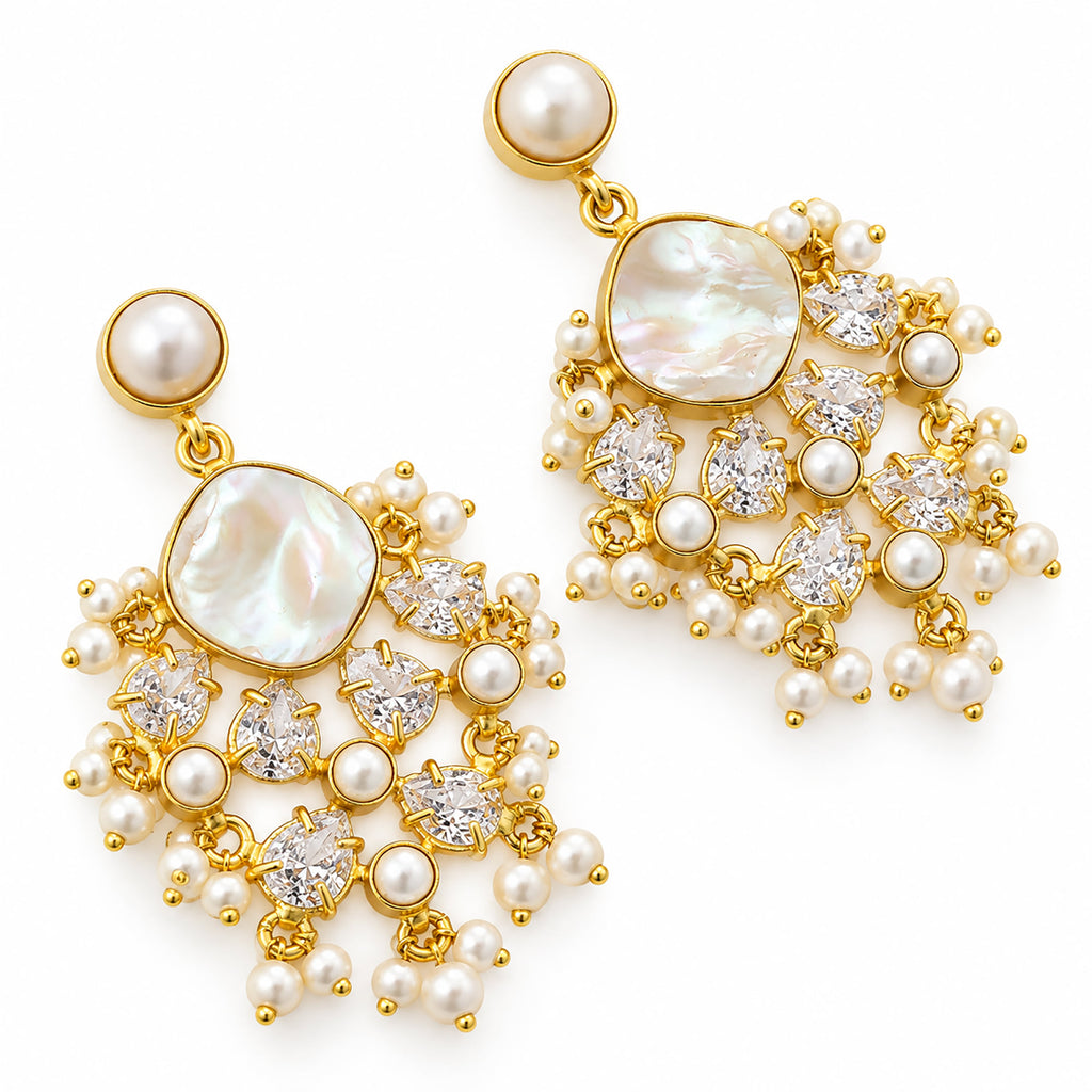 Gold Plated Pearl Drop Earrings with Mother of Pearl, White Crystal Stones & Pearl Bead Detailing for Women, Wedding & Festive Wear BIE1075