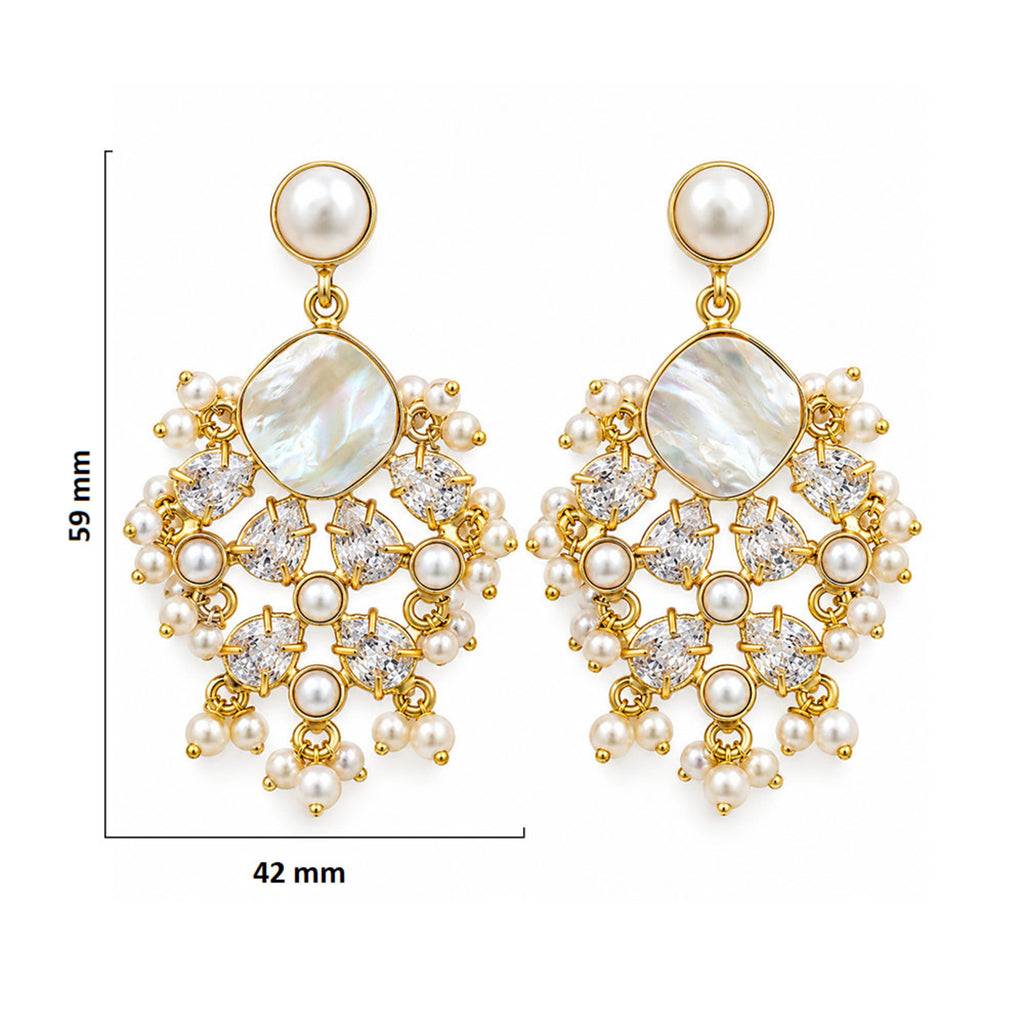 Gold Plated Pearl Drop Earrings with Mother of Pearl, White Crystal Stones & Pearl Bead Detailing for Women, Wedding & Festive Wear BIE1075