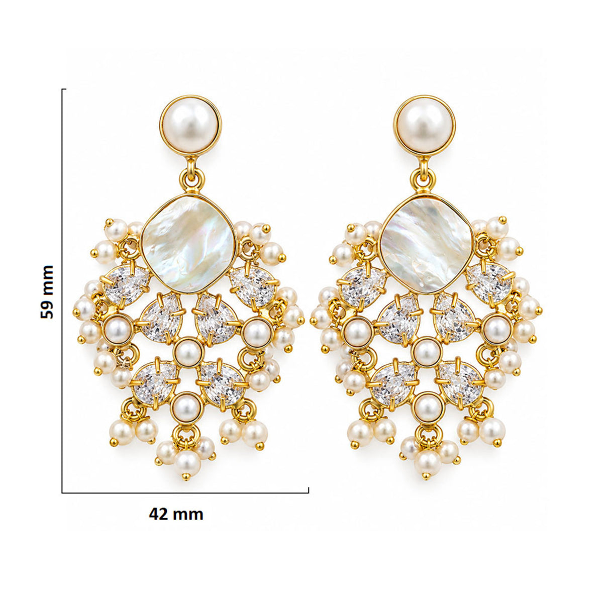 Gold Plated Pearl Drop Earrings with Mother of Pearl, White Crystal Stones & Pearl Bead Detailing for Women, Wedding & Festive Wear BIE1075