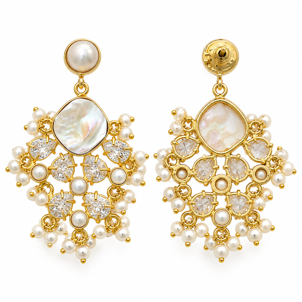 Gold Plated Pearl Drop Earrings with Mother of Pearl, White Crystal Stones & Pearl Bead Detailing for Women, Wedding & Festive Wear BIE1075