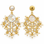 Gold Plated Pearl Drop Earrings with Mother of Pearl, White Crystal Stones & Pearl Bead Detailing for Women, Wedding & Festive Wear BIE1075