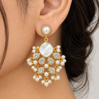 Gold Plated Pearl Drop Earrings with Mother of Pearl, White Crystal Stones & Pearl Bead Detailing for Women, Wedding & Festive Wear BIE1075