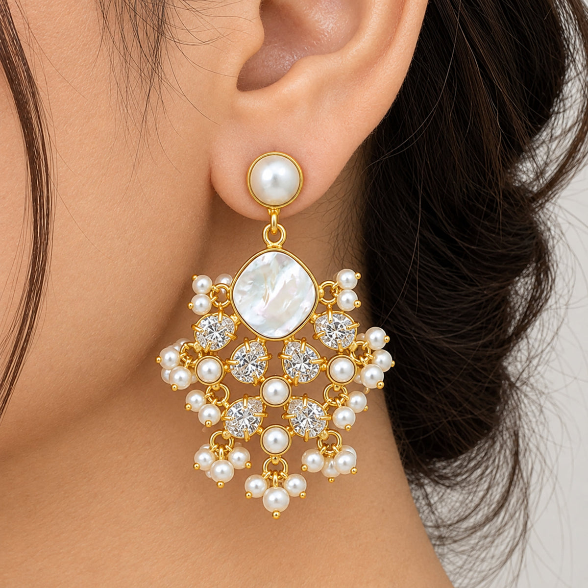 Gold Plated Pearl Drop Earrings with Mother of Pearl, White Crystal Stones & Pearl Bead Detailing for Women, Wedding & Festive Wear BIE1075