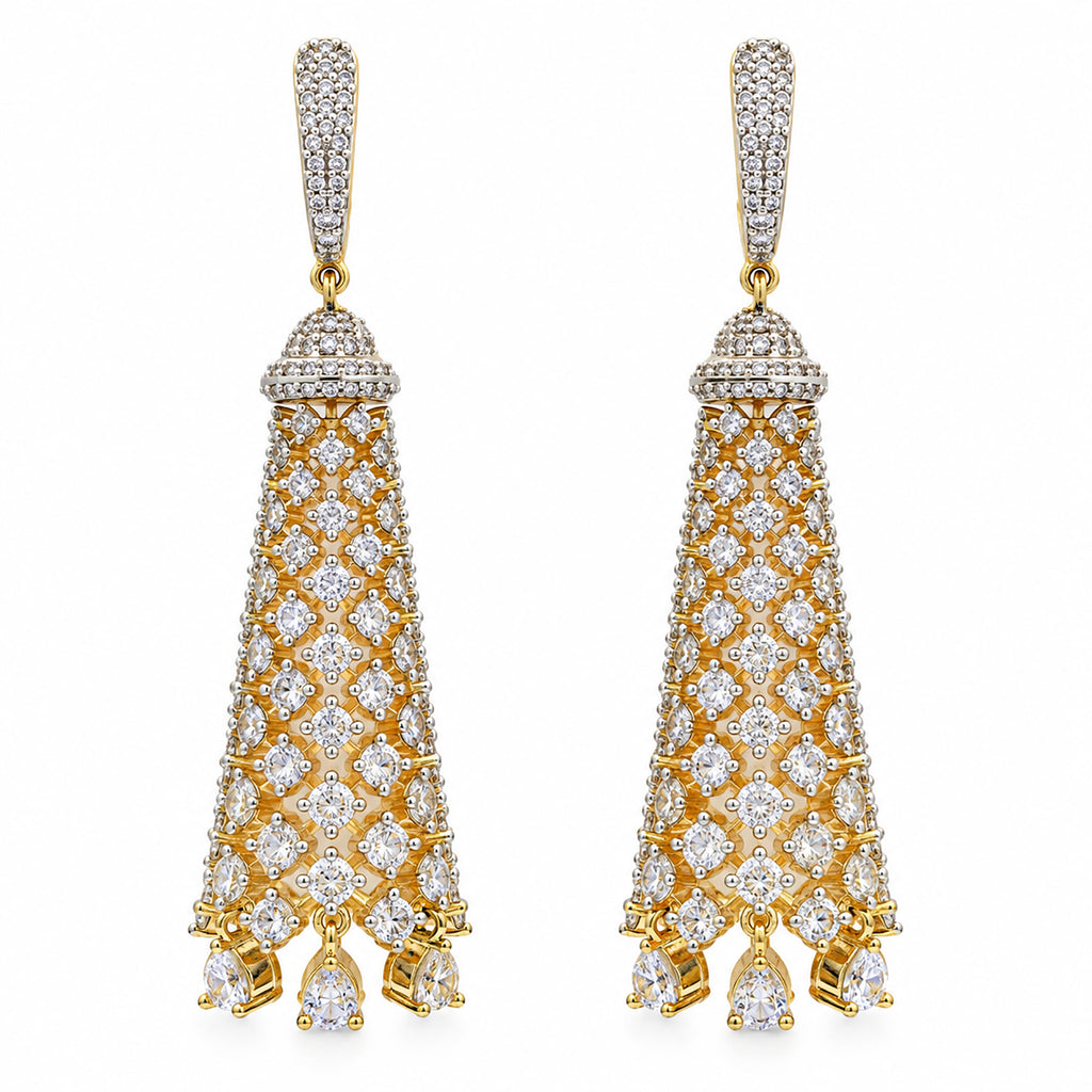 Gold Plated Long Drop Earrings with Sparkling White Crystal Stones, Designer Jhumka Style Hanging Earrings for Women, Wedding & Festive Wear BIE1076