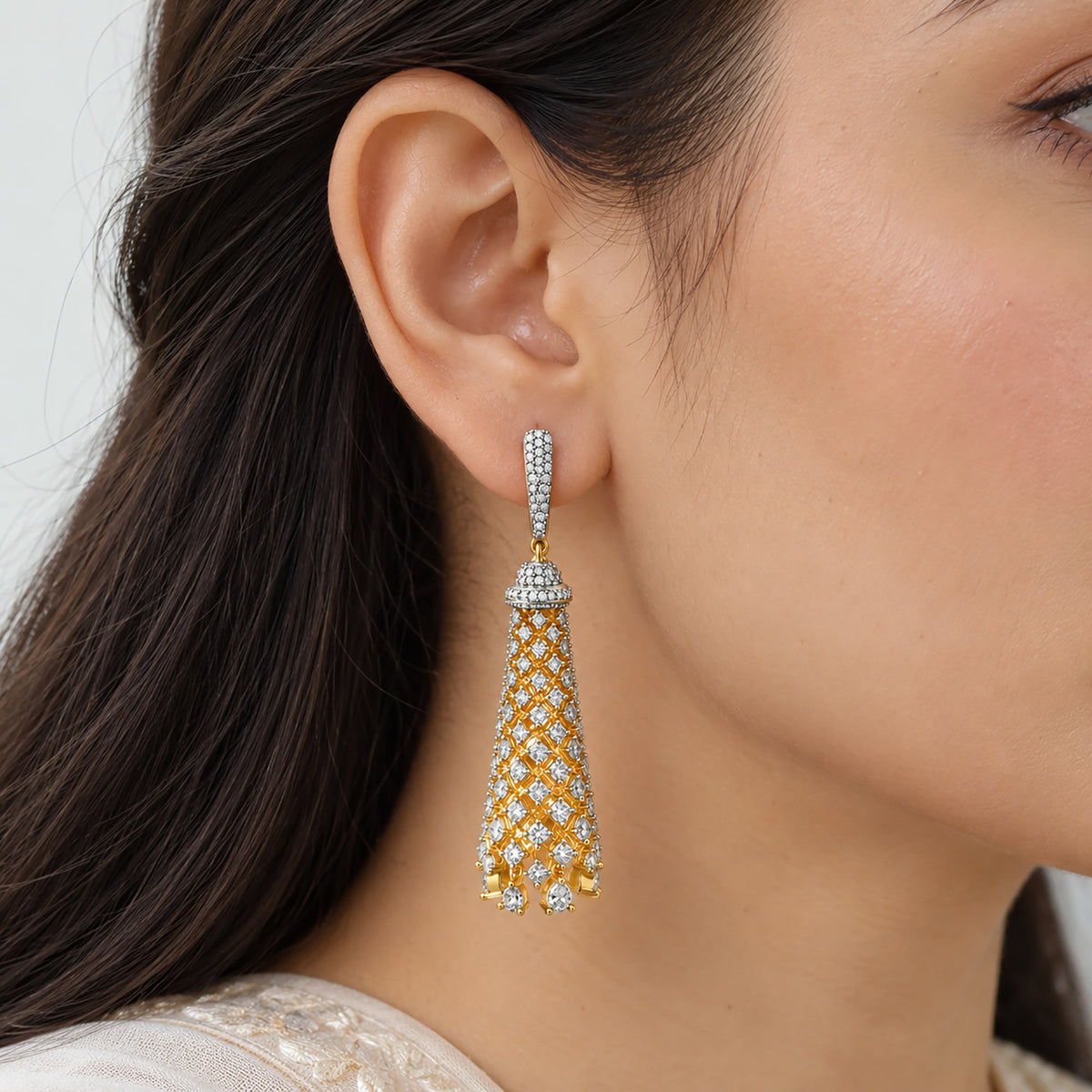 Gold Plated Long Drop Earrings with Sparkling White Crystal Stones, Designer Jhumka Style Hanging Earrings for Women, Wedding & Festive Wear BIE1076