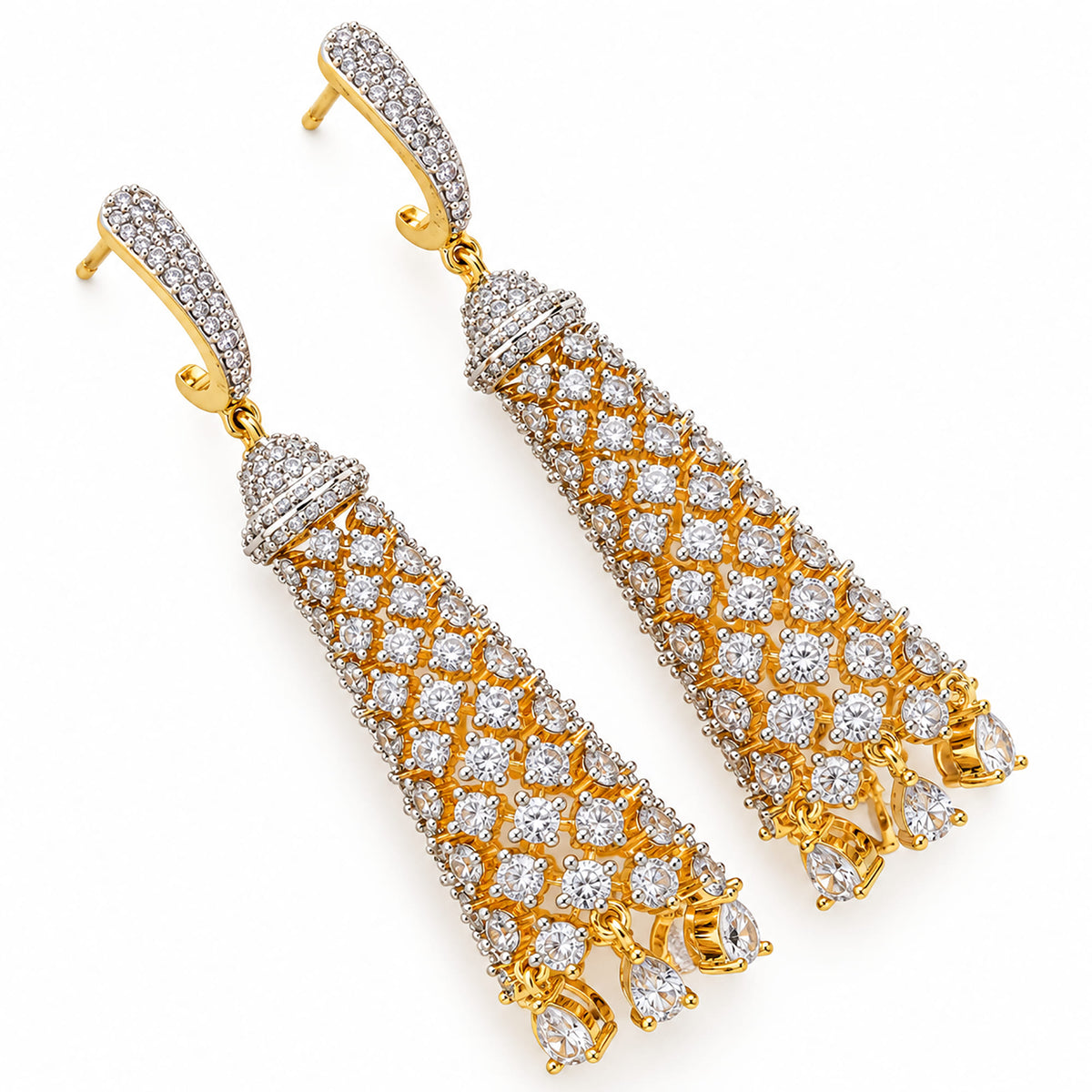 Gold Plated Long Drop Earrings with Sparkling White Crystal Stones, Designer Jhumka Style Hanging Earrings for Women, Wedding & Festive Wear BIE1076