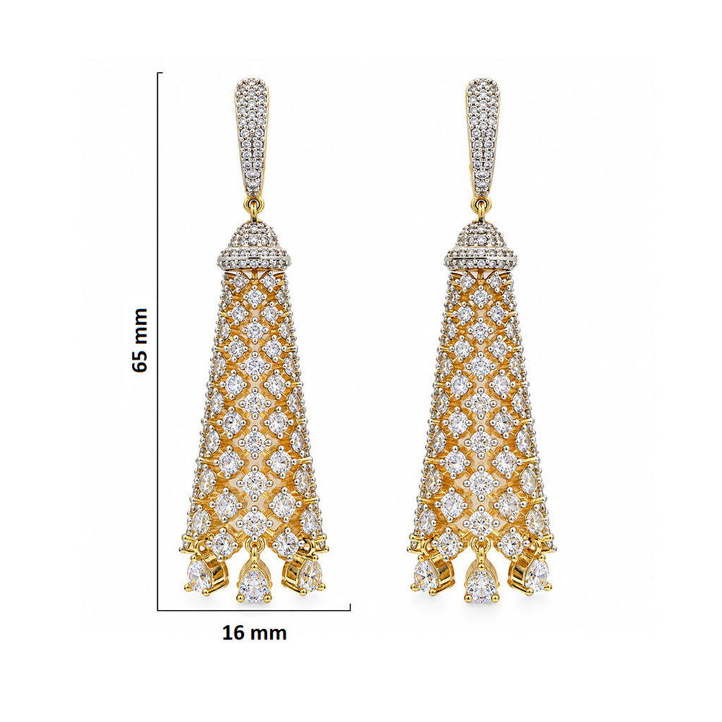 Gold Plated Long Drop Earrings with Sparkling White Crystal Stones, Designer Jhumka Style Hanging Earrings for Women, Wedding & Festive Wear BIE1076