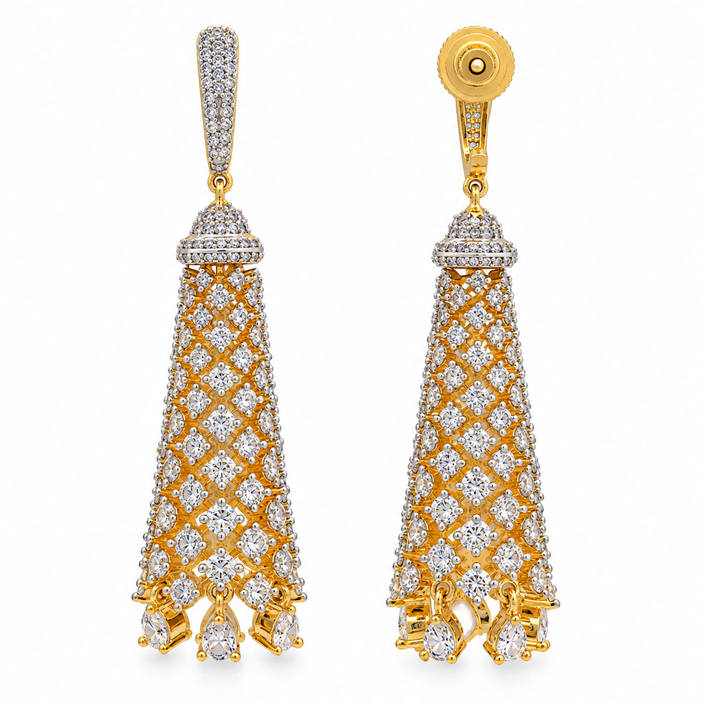 Gold Plated Long Drop Earrings with Sparkling White Crystal Stones, Designer Jhumka Style Hanging Earrings for Women, Wedding & Festive Wear BIE1076