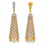 Gold Plated Long Drop Earrings with Sparkling White Crystal Stones, Designer Jhumka Style Hanging Earrings for Women, Wedding & Festive Wear BIE1076