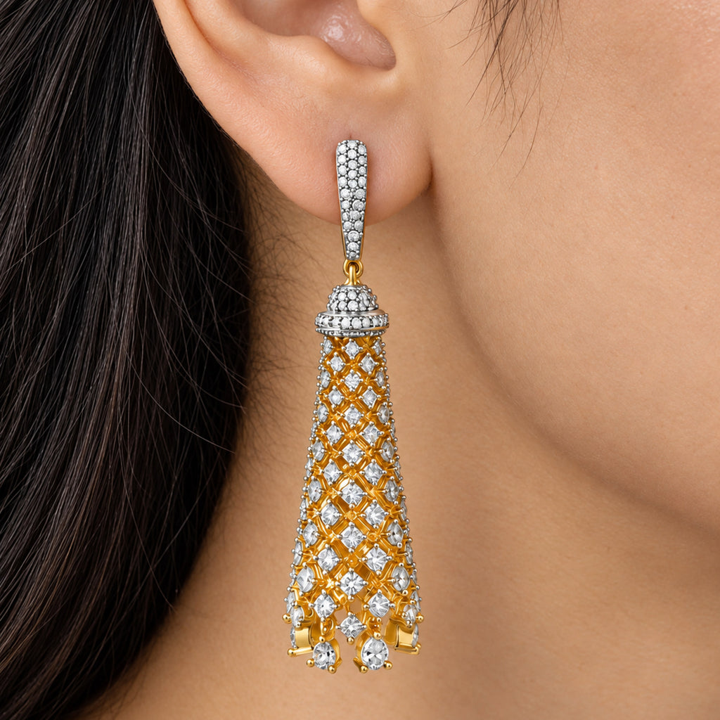 Gold Plated Long Drop Earrings with Sparkling White Crystal Stones, Designer Jhumka Style Hanging Earrings for Women, Wedding & Festive Wear BIE1076