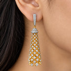 Gold Plated Long Drop Earrings with Sparkling White Crystal Stones, Designer Jhumka Style Hanging Earrings for Women, Wedding & Festive Wear BIE1076