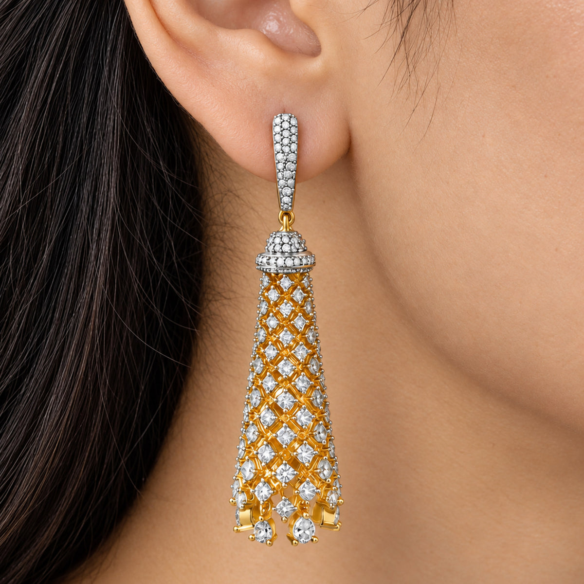 Gold Plated Long Drop Earrings with Sparkling White Crystal Stones, Designer Jhumka Style Hanging Earrings for Women, Wedding & Festive Wear BIE1076
