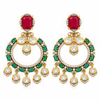 Gold Plated Designer Chandbali Earrings with Red & Green Gemstone Drops, White Crystal Detailing for Women, Wedding & Festive Wear BIE1077