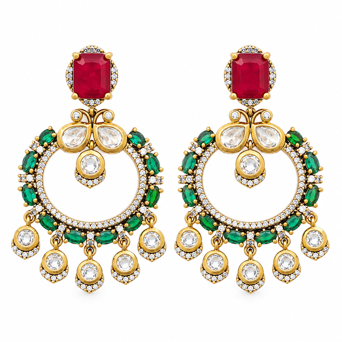 Gold Plated Designer Chandbali Earrings with Red & Green Gemstone Drops, White Crystal Detailing for Women, Wedding & Festive Wear BIE1077