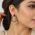 Gold Plated Designer Chandbali Earrings with Red & Green Gemstone Drops, White Crystal Detailing for Women, Wedding & Festive Wear BIE1077