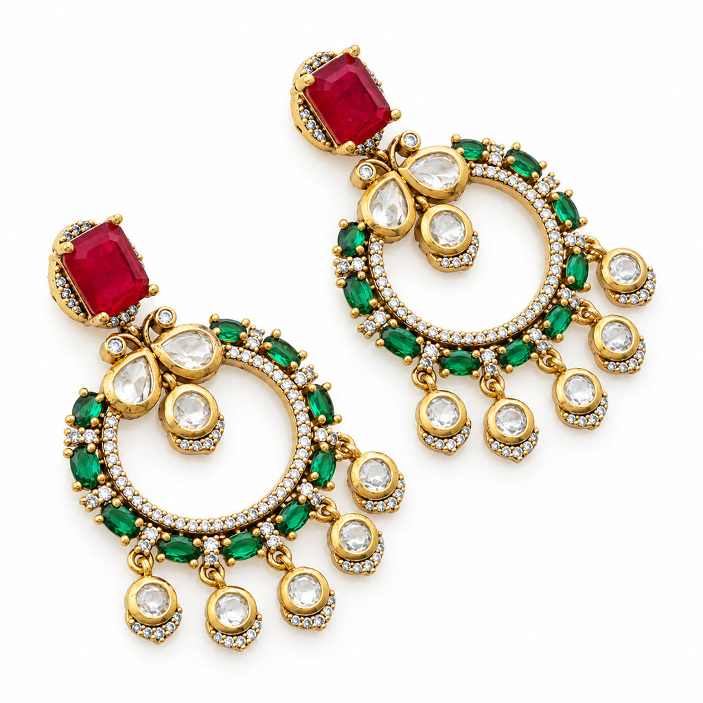 Gold Plated Designer Chandbali Earrings with Red & Green Gemstone Drops, White Crystal Detailing for Women, Wedding & Festive Wear BIE1077