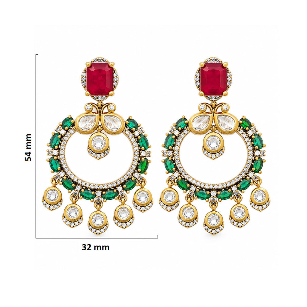 Gold Plated Designer Chandbali Earrings with Red & Green Gemstone Drops, White Crystal Detailing for Women, Wedding & Festive Wear BIE1077