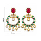Gold Plated Designer Chandbali Earrings with Red & Green Gemstone Drops, White Crystal Detailing for Women, Wedding & Festive Wear BIE1077
