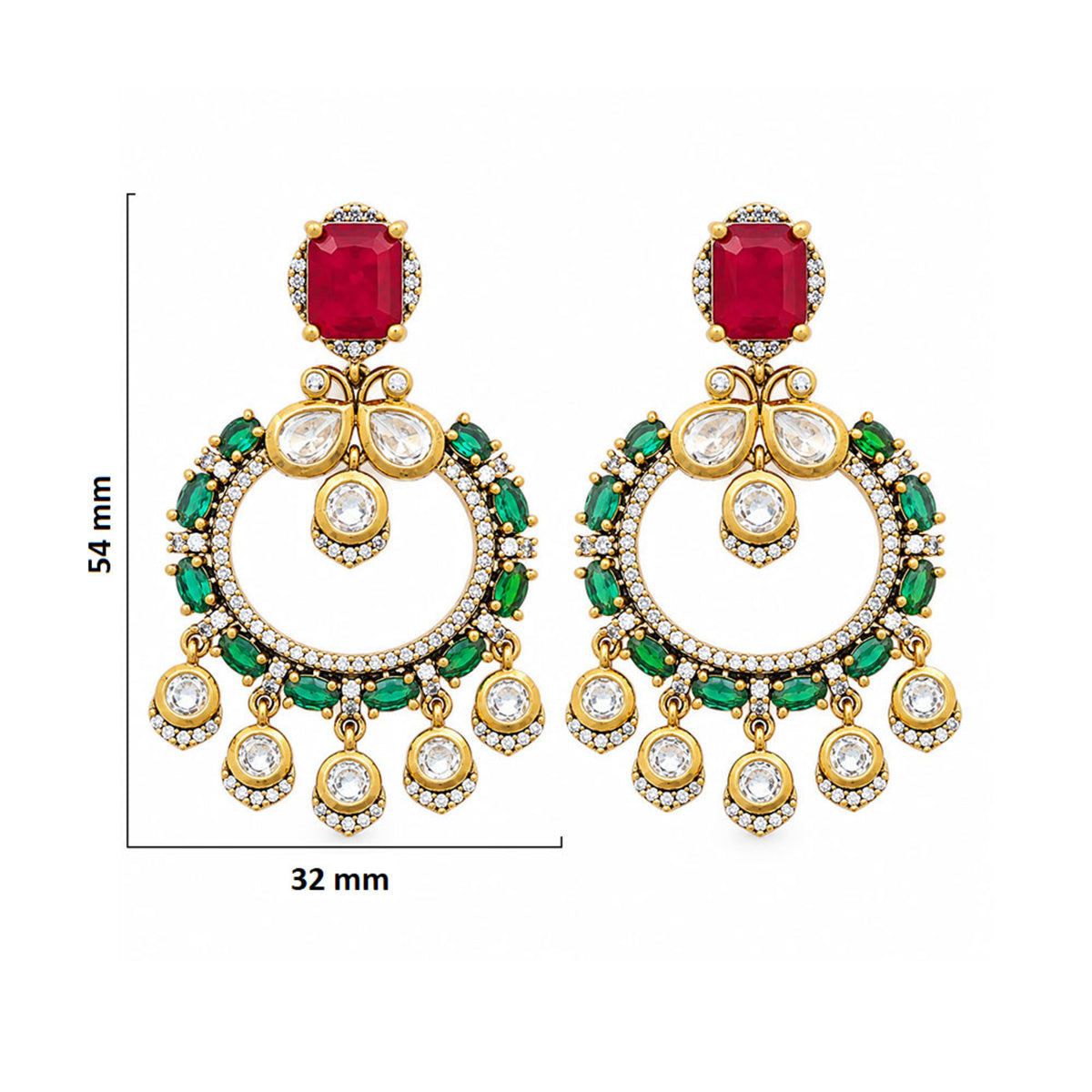 Gold Plated Designer Chandbali Earrings with Red & Green Gemstone Drops, White Crystal Detailing for Women, Wedding & Festive Wear BIE1077