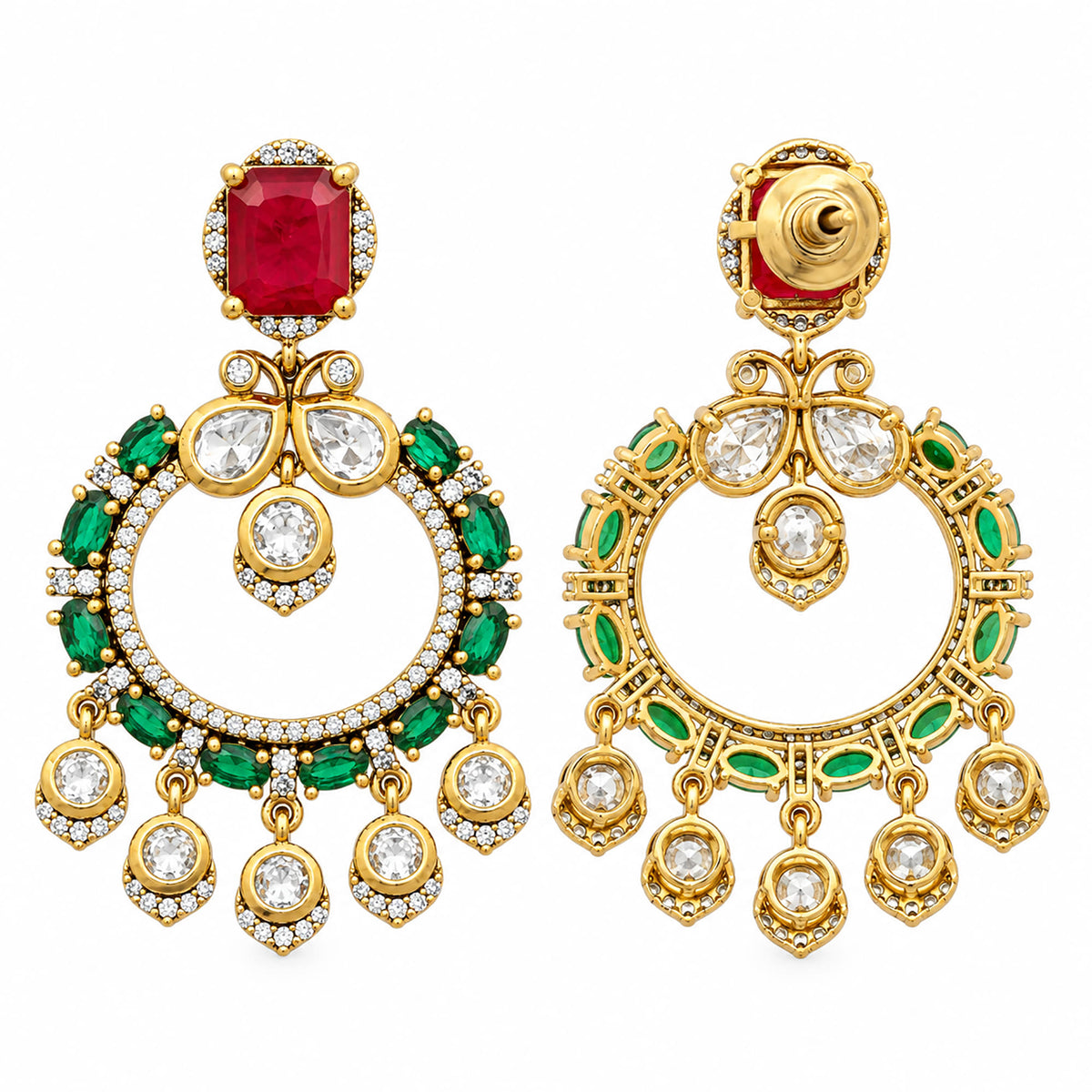 Gold Plated Designer Chandbali Earrings with Red & Green Gemstone Drops, White Crystal Detailing for Women, Wedding & Festive Wear BIE1077