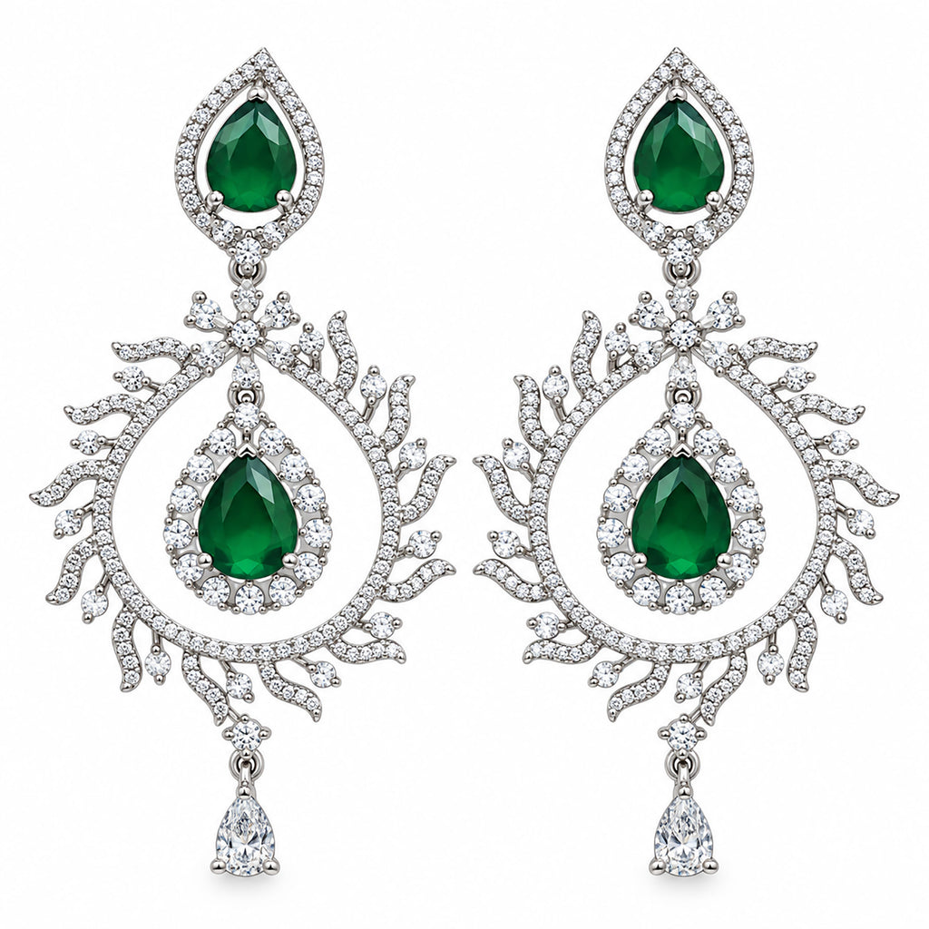 Silver Tone Green Emerald Teardrop Earrings with White Crystal Leaf Design, Designer Long Drop Earrings for Women, Wedding & Festive Wear BIE1078