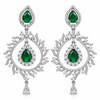 Silver Tone Green Emerald Teardrop Earrings with White Crystal Leaf Design, Designer Long Drop Earrings for Women, Wedding & Festive Wear BIE1078