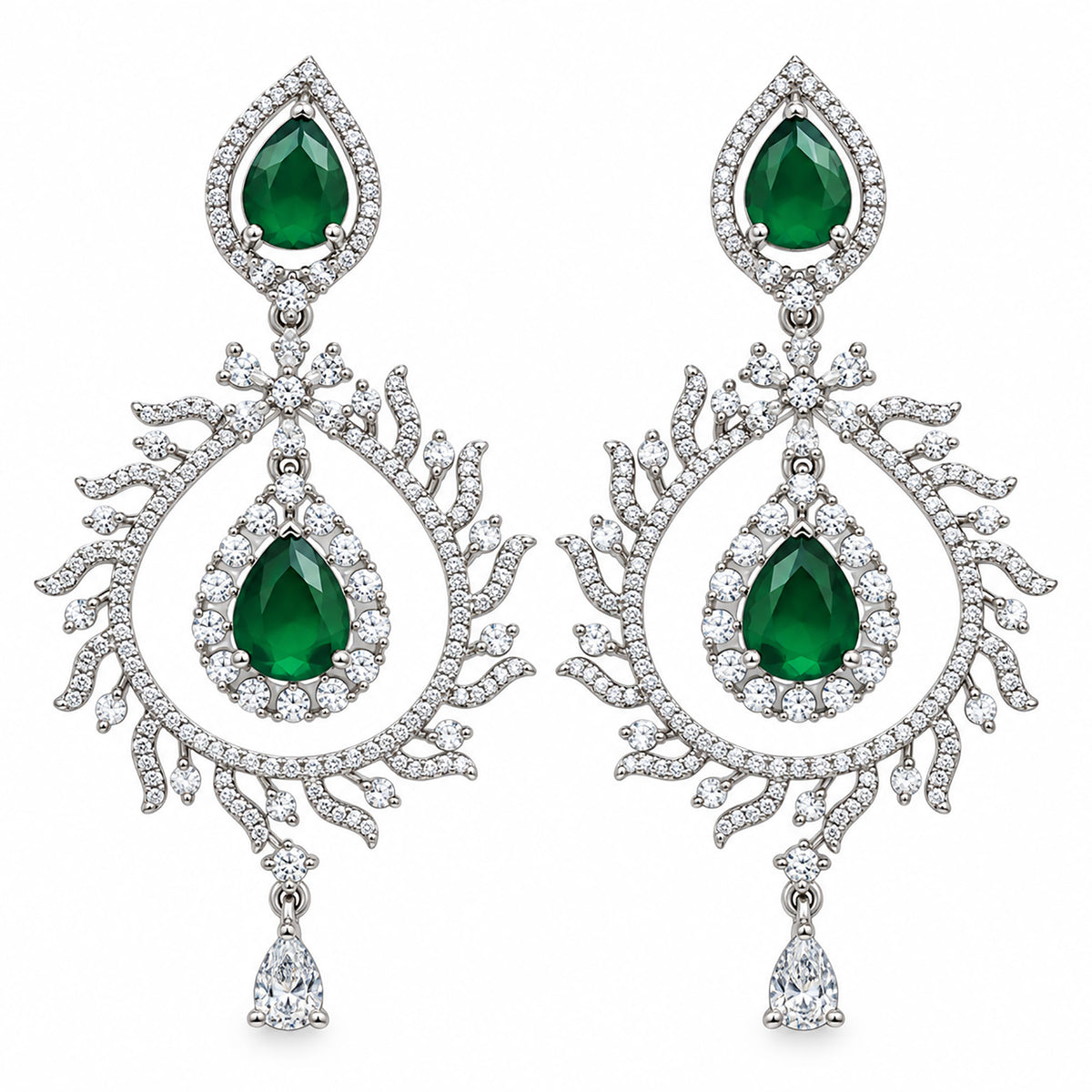 Silver Tone Green Emerald Teardrop Earrings with White Crystal Leaf Design, Designer Long Drop Earrings for Women, Wedding & Festive Wear BIE1078