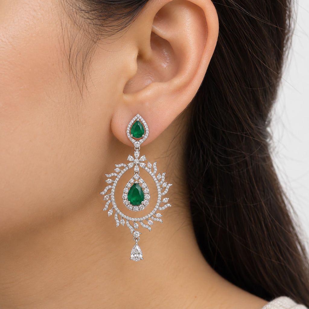 Silver Tone Green Emerald Teardrop Earrings with White Crystal Leaf Design, Designer Long Drop Earrings for Women, Wedding & Festive Wear BIE1078
