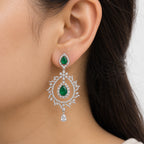 Silver Tone Green Emerald Teardrop Earrings with White Crystal Leaf Design, Designer Long Drop Earrings for Women, Wedding & Festive Wear BIE1078