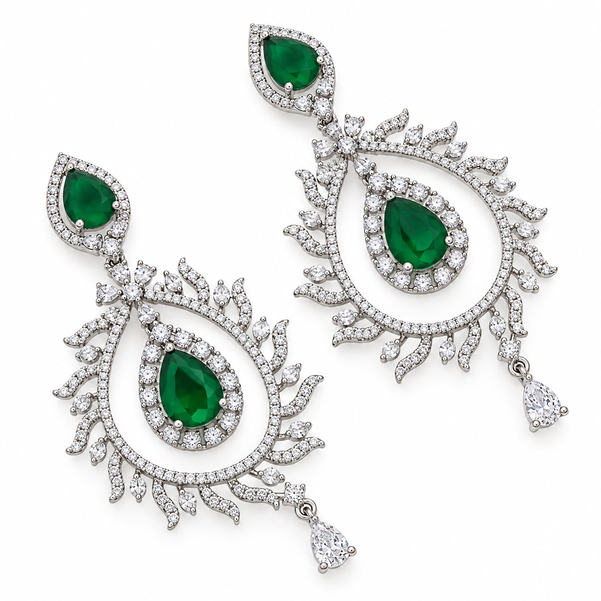 Silver Tone Green Emerald Teardrop Earrings with White Crystal Leaf Design, Designer Long Drop Earrings for Women, Wedding & Festive Wear BIE1078