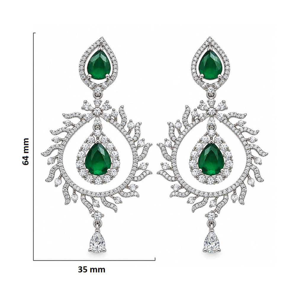 Silver Tone Green Emerald Teardrop Earrings with White Crystal Leaf Design, Designer Long Drop Earrings for Women, Wedding & Festive Wear BIE1078