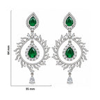 Silver Tone Green Emerald Teardrop Earrings with White Crystal Leaf Design, Designer Long Drop Earrings for Women, Wedding & Festive Wear BIE1078