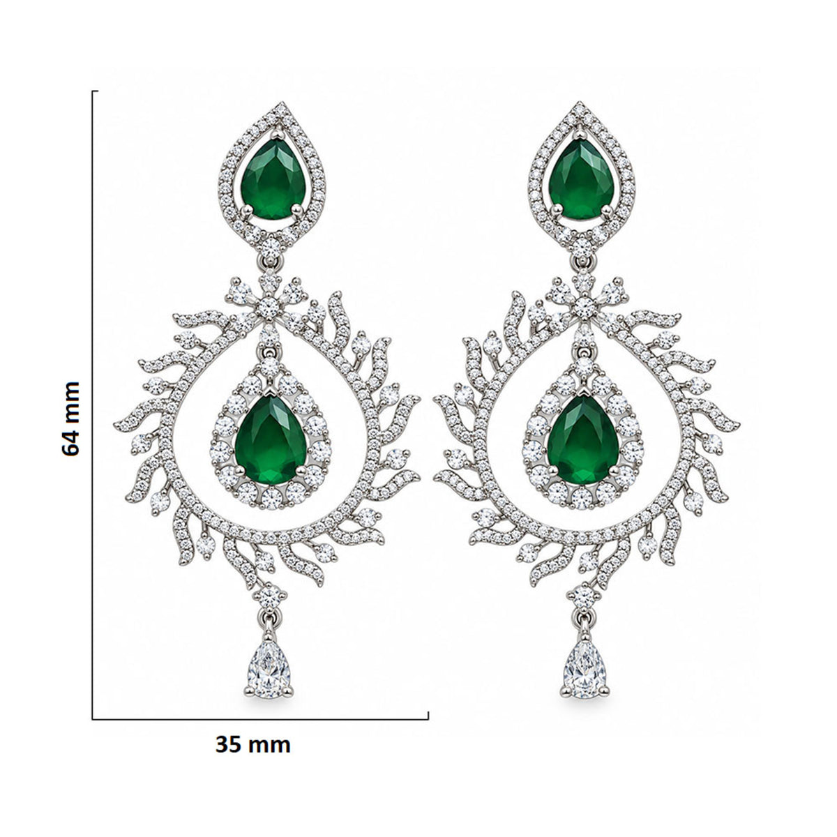 Silver Tone Green Emerald Teardrop Earrings with White Crystal Leaf Design, Designer Long Drop Earrings for Women, Wedding & Festive Wear BIE1078