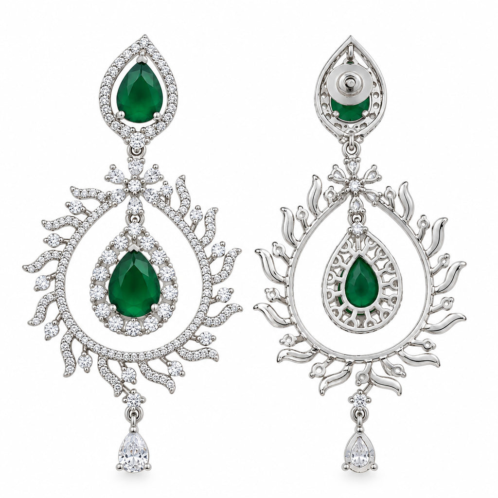 Silver Tone Green Emerald Teardrop Earrings with White Crystal Leaf Design, Designer Long Drop Earrings for Women, Wedding & Festive Wear BIE1078