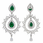Silver Tone Green Emerald Teardrop Earrings with White Crystal Leaf Design, Designer Long Drop Earrings for Women, Wedding & Festive Wear BIE1078