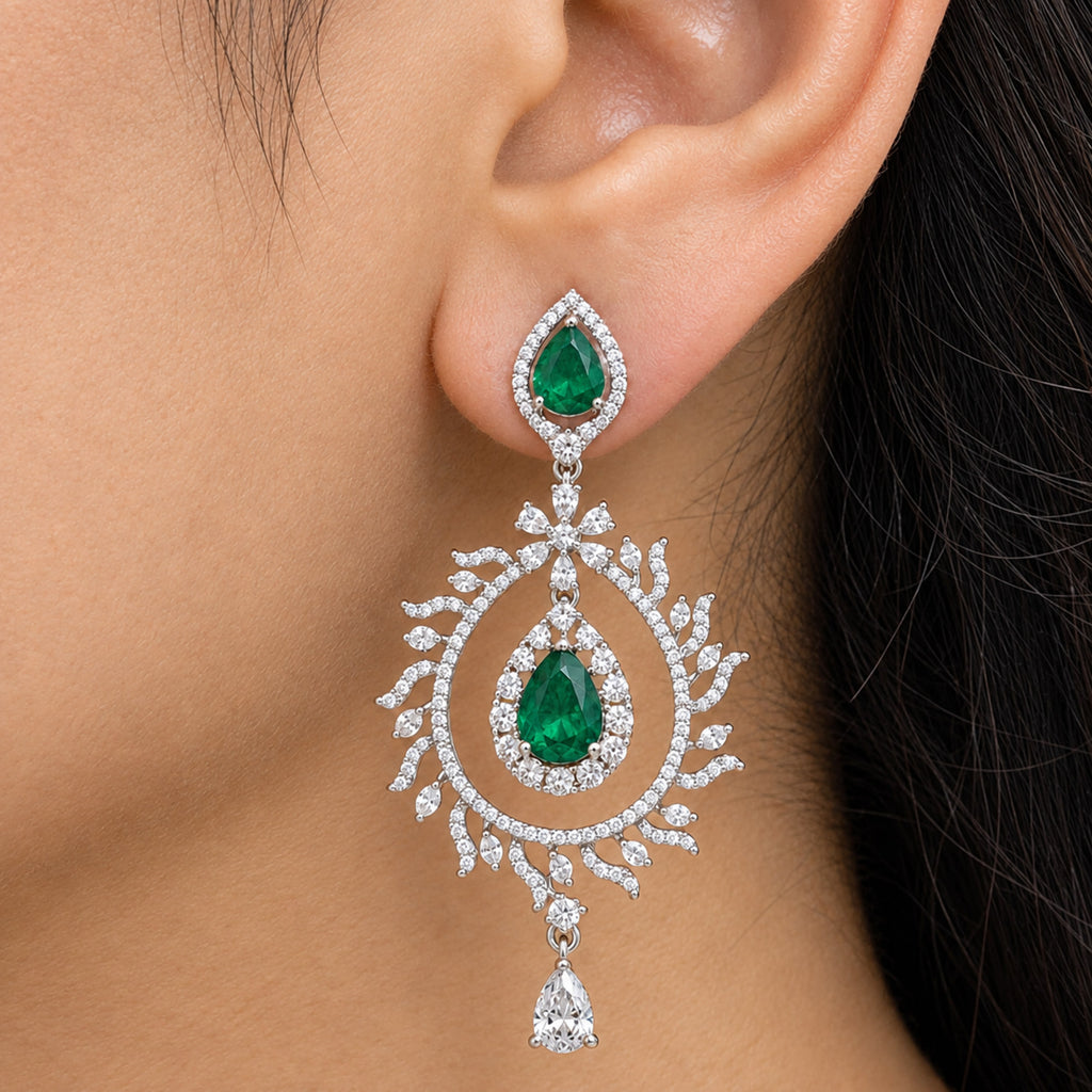 Silver Tone Green Emerald Teardrop Earrings with White Crystal Leaf Design, Designer Long Drop Earrings for Women, Wedding & Festive Wear BIE1078