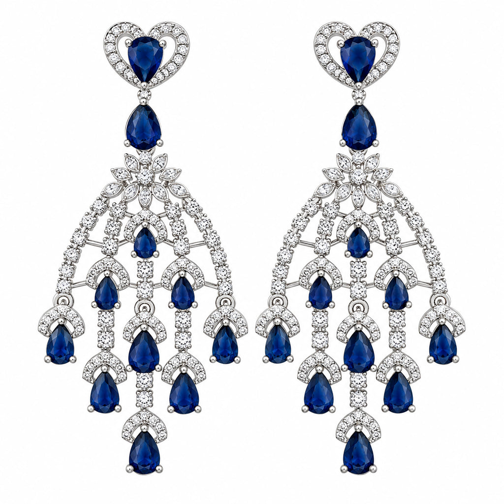 Silver Tone Blue Sapphire & Mint Green Look Long Chandelier Earrings with White Crystal Detailing, Designer Drop Earrings for Women, Wedding & Festive Wear BIE1079