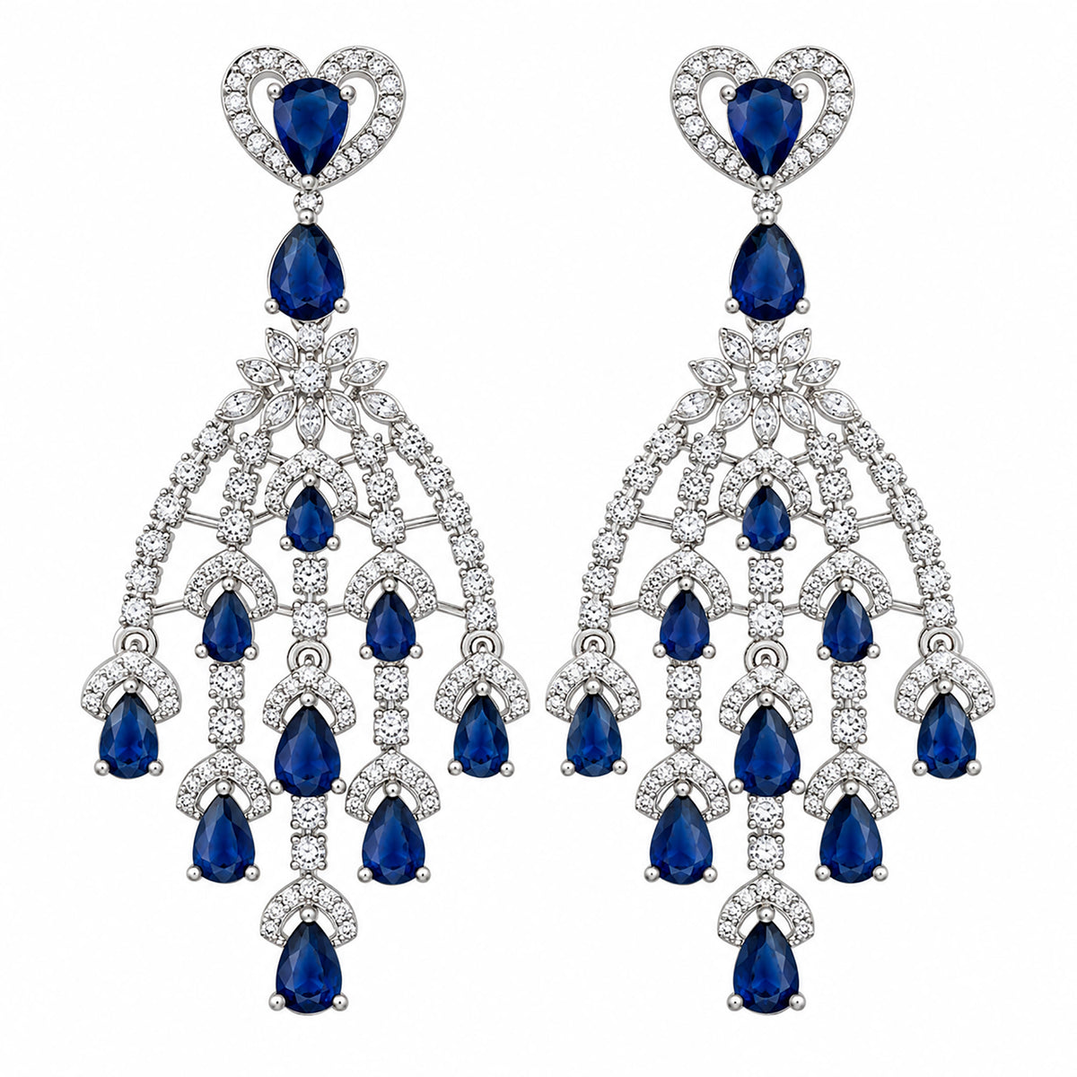 Silver Tone Blue Sapphire & Mint Green Look Long Chandelier Earrings with White Crystal Detailing, Designer Drop Earrings for Women, Wedding & Festive Wear BIE1079
