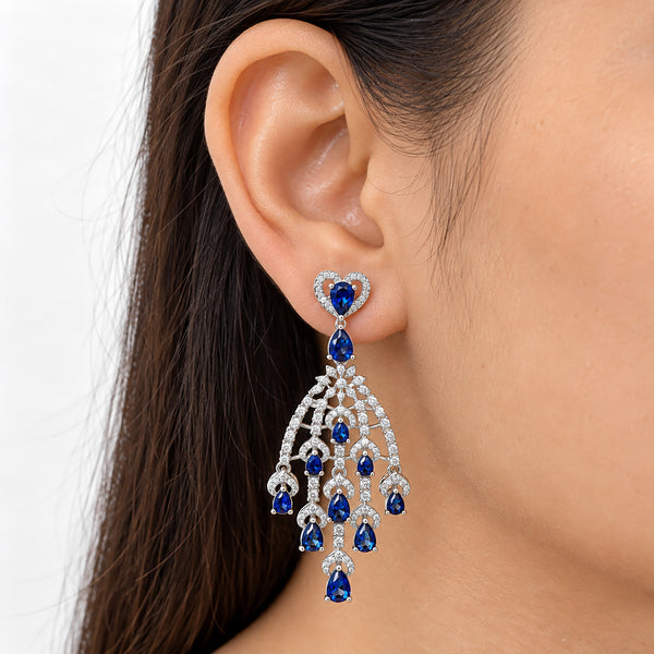 Silver Tone Blue Sapphire & Mint Green Look Long Chandelier Earrings with White Crystal Detailing, Designer Drop Earrings for Women, Wedding & Festive Wear BIE1079