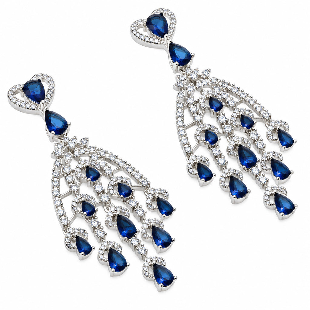 Silver Tone Blue Sapphire & Mint Green Look Long Chandelier Earrings with White Crystal Detailing, Designer Drop Earrings for Women, Wedding & Festive Wear BIE1079