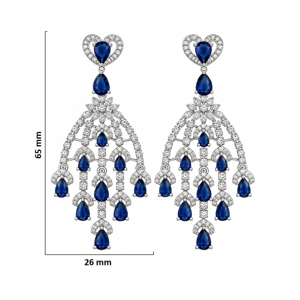 Silver Tone Blue Sapphire & Mint Green Look Long Chandelier Earrings with White Crystal Detailing, Designer Drop Earrings for Women, Wedding & Festive Wear BIE1079