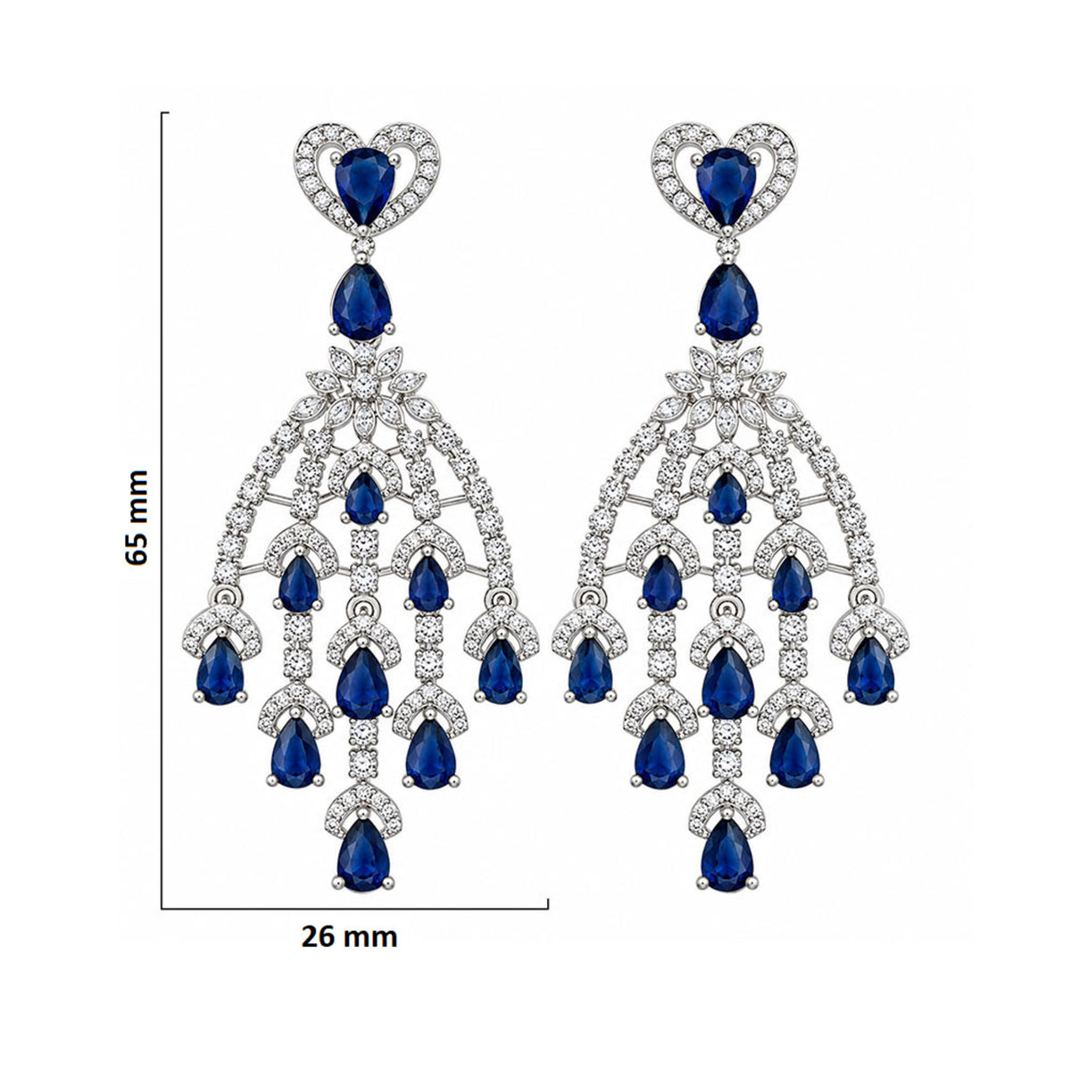 Silver Tone Blue Sapphire & Mint Green Look Long Chandelier Earrings with White Crystal Detailing, Designer Drop Earrings for Women, Wedding & Festive Wear BIE1079
